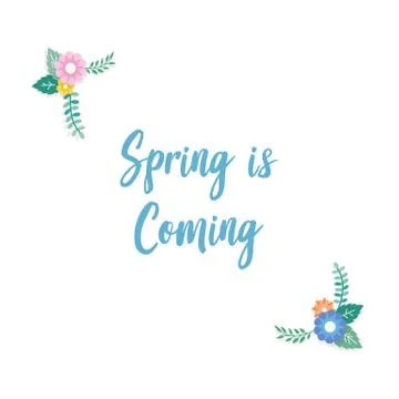 Spring is Coming Text with Frame of Bouquet Flower Arrangement and Leaf Ornam Stock Illustration