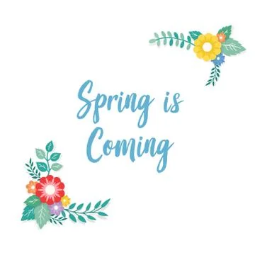 Spring is Coming Text with Frame of Bouquet Flower Arrangement and Leaf Ornam Stock Illustration