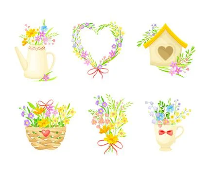 Spring Composition with Blooming Flower Bunches Rested in Flowerpot and Basket Stock Illustration
