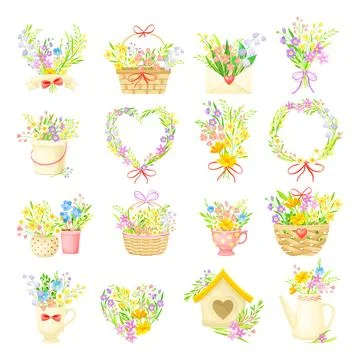 Spring Composition with Blooming Flower Bunches Rested in Flowerpot and Basket Stock Illustration