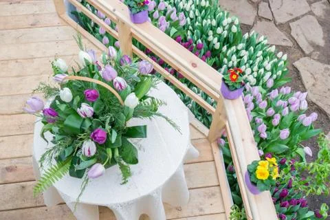 Spring composition of bouquet of delicate pastel colors of white and lilac tu Stock Photos
