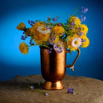 Spring composition: a bouquet of forget-me-nots and dandelions Stock Photos