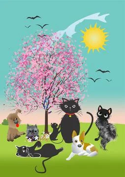 Spring composition with cats, Stock Illustration