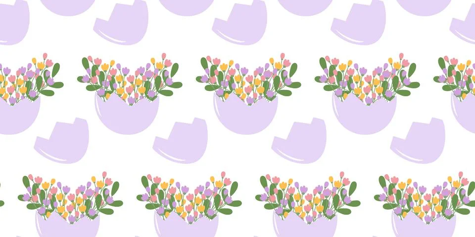 Spring Composition in Cracked Eggshell Vase Seamless Pattern Lavender Easter Stock Illustration