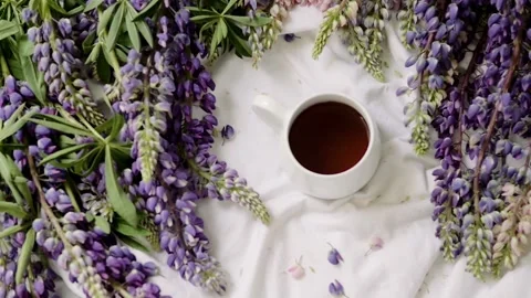 Spring composition with flowers and a cup of tea on a white sheet. flowers and a 스톡 동영상 142647305
