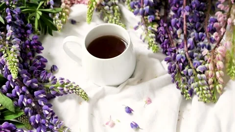 Spring composition with flowers and a cup of tea on a white sheet. flowers and a Видео 142798646