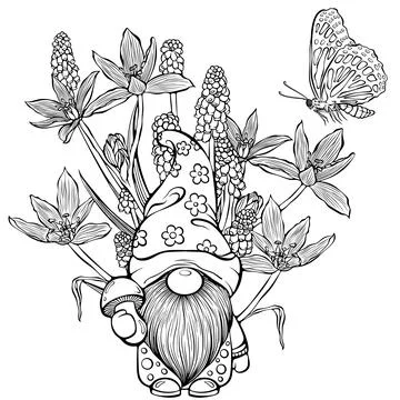Spring composition with gnome and flowers line art Stock Illustration
