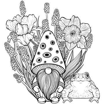 Spring composition with gnome and frog line art Stock Illustration