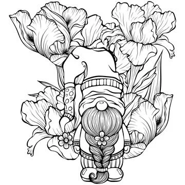 Spring composition gnome with beard pigtail and flowers line art Stock Illustration