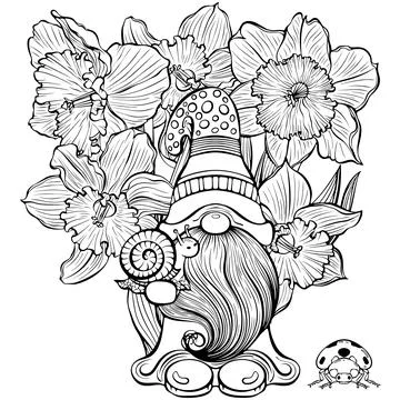 Spring composition with a gnome holding a snail line art Stock Illustration