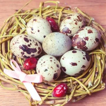 Spring composition, nest with eggs near the bunch of heather, Easter. Foto stock