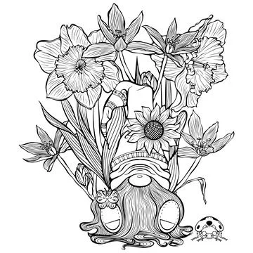 Spring composition with sitting gnome and flowers line art Stock Illustration
