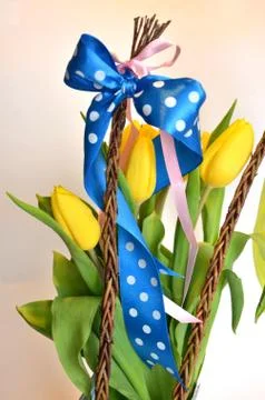 Spring composition: two easter whips with bunch of yellow tulips Stock Photos