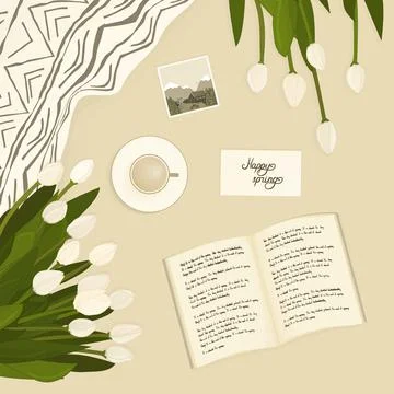 Spring concept, beige background. Open fictional nonexistent book for reading Stock Illustration