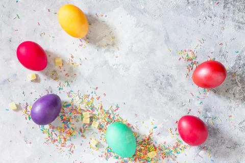 Spring concept. Colorful background of Easter with colored eggs. Stock Photos