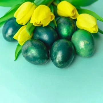 Spring concept with Easter eggs and yellow tulips on turquoise blue background Stock Photos