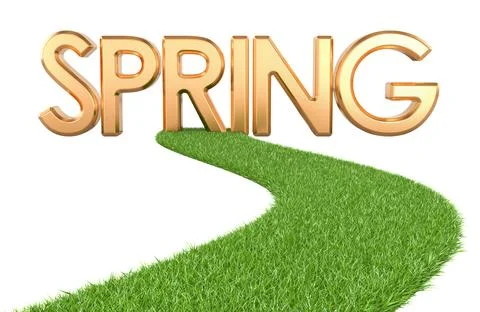 Spring concept. Green Grass Way with spring inscription, 3D rendering Stock Illustration