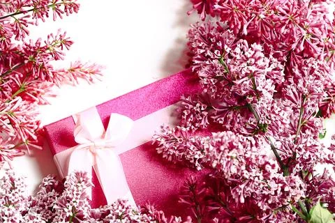 Spring concept. Lilac branches and gift box Stock Photos