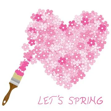 Spring concept with paintbrush paints cherry flowers in a shape of heart Stock Illustration