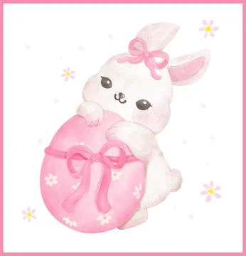 Spring Coquette Easter Bunny Hug Pink Egg watercolor animal Hand Drawn Stock Illustration