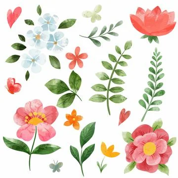 Spring coral pink flowes set. Hand drawn vector Stock Illustration