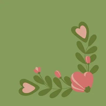 Spring corner composition of leaves, hearts, flowers, buds in cartoon style on a Stock Illustration