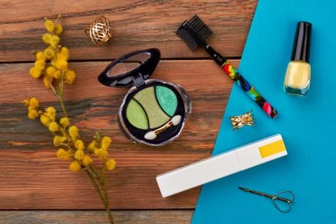 Spring cosmetics composition, top view. Stock Photos