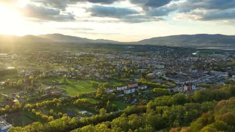 Spring Countryside and Mountain Valley Aerial Stock Footage 335538735