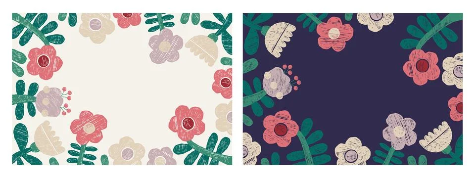 Spring Crayon Floral Frames posters. Hand-Drawn Flowers with Leaves on whit.. イラスト素材