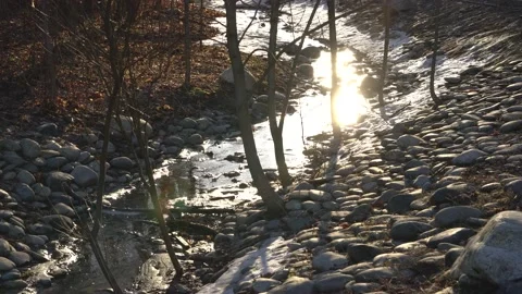 Spring creek flowing over rocks at dawn Stock Footage 161084111