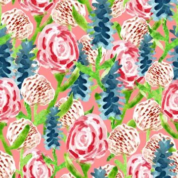Spring cute hand-drawn seamless pattern with wildflowers rose, clover, lupine Stock Illustration