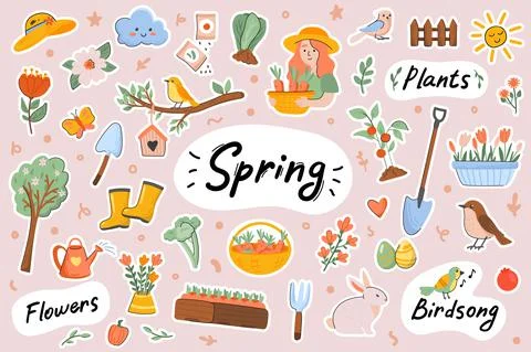 Spring cute stickers template set. Bundle of springtime symbols, Easter, bloo Illustrazione stock