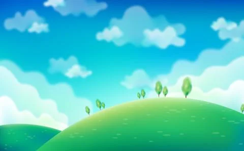 Spring Day. Green fields on blue sky . Vector, eps10. Stock Illustration