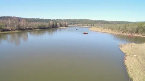Spring day. wide river. catamaran with people. aerial video 스톡 동영상 63052770