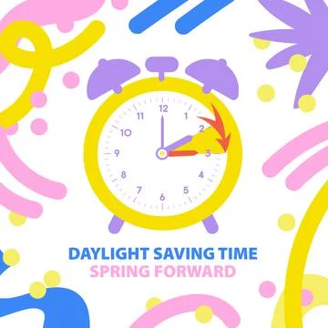 Spring Daylight Saving Time concept. Spring forward time banner in funny dood Stock Illustration