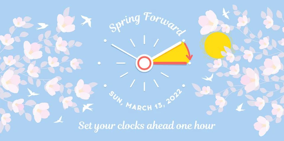 Spring Daylight Saving Time Starts banner with with spring flowers, clockface Illustrazione stock