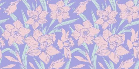 Spring delicate floral seamless pattern with hand drawn flowers daffodils. Stock Illustration