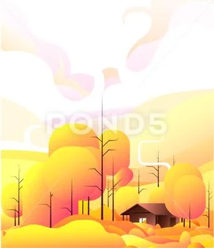 Spring design drawing of a forest with a wooden house, trees and ...