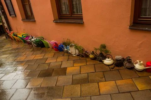 Spring design elements with watering can. Prague Stock Photos