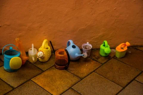 Spring design elements with watering can. Prague Stock Photos