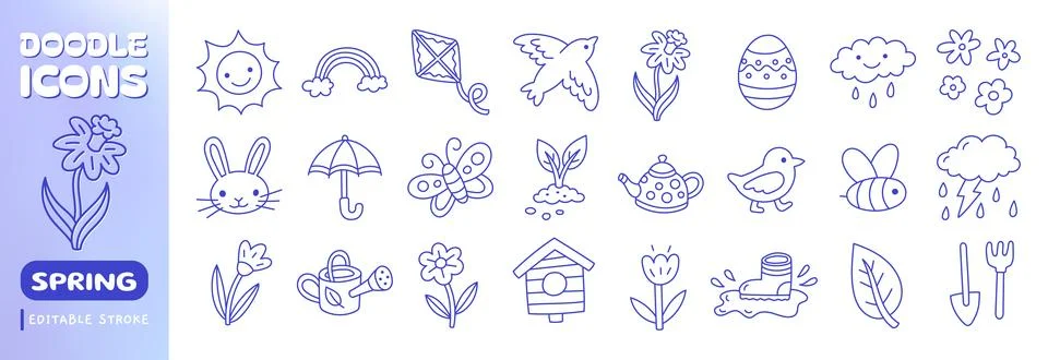 Spring doodle line icon set. Hand drawn tulip flower, Easter bunny, flying bird Stock Illustration