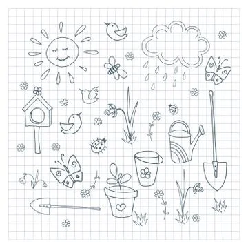 Spring doodle set. Collection of simple hand-drawn cute elements. Vector Stock Illustration