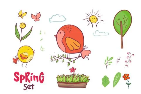 Spring Doodle set of spring flowers, herbs, birds. Hand drawn vector illustra Stock Illustration