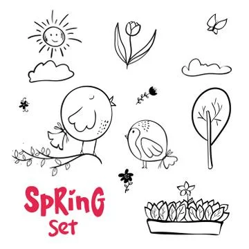 Spring Doodle set of spring sketch flowers, herbs, birds. black white Hand dr Stock Illustration