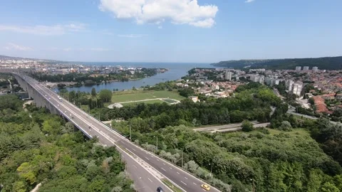 Spring Drone View of Asparuhov Bridge and Varna Bay City Panorama, BG 2019 Stock Footage 323400542