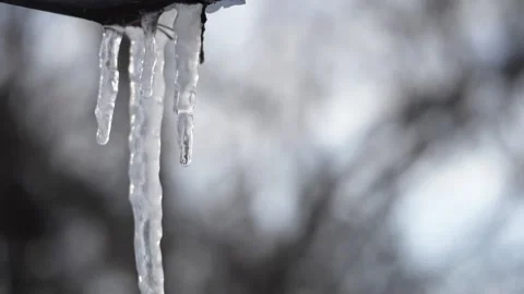 Spring drops, melting icicles hanging from the drain. Stock Footage 149306109