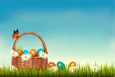 Spring Easter background. Basket with Easter eggs in grass with flowers. Vect Stock Illustration