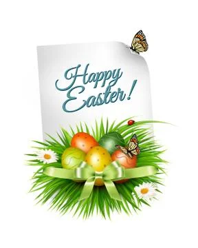 Spring Easter background. Easter eggs in grass with flowers. Vector. Stock Illustration