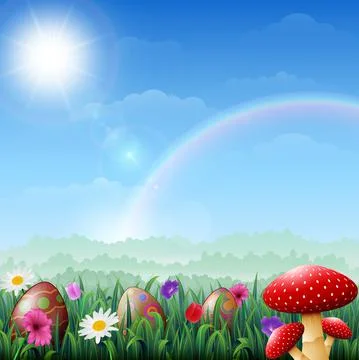 Spring Easter background. Easter eggs in grass with flowers and red mushroom 스톡 일러스트