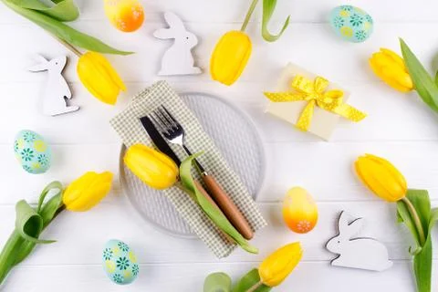 Spring Easter background for menu. Easter egg decoration, bunny,linen  napkin Stock Photos